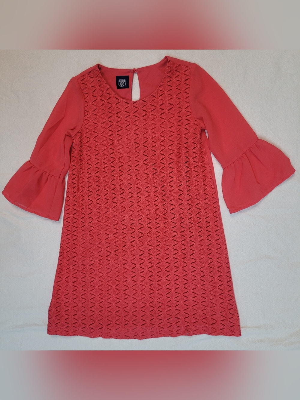 Route66 Girls Coral Lace Textured Chiffon Bell-Sleeve Ruffled Party Dress Sz 7/8